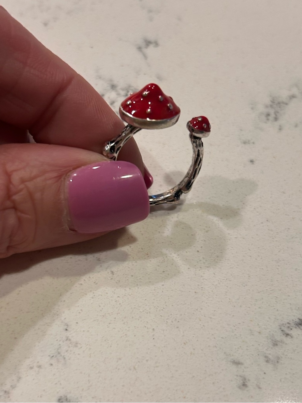 Adjustable Silver Mushroom Ring with Red Enamel Accents